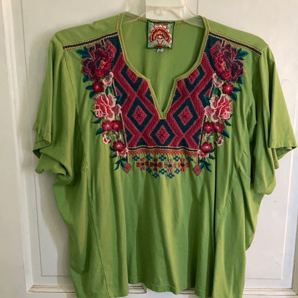 Johnny Was cotton top, chartreuse with embroidery